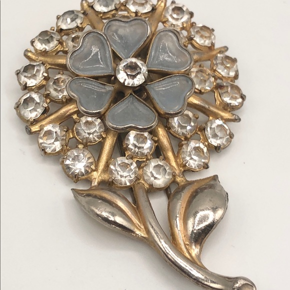 Antique art glass rhinestone flower fur clip pin